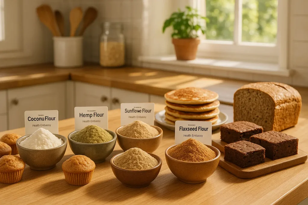 Glass bowls of coconut, hemp, sunflower, and coconut flour by Health Embassy, surrounded by muffins, breads, and pancakes made while baking with natural flours.