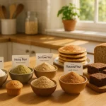 Glass bowls of coconut, hemp, sunflower, and coconut flour by Health Embassy, surrounded by muffins, breads, and pancakes made while baking with natural flours.