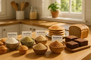 Glass bowls of coconut, hemp, sunflower, and coconut flour by Health Embassy, surrounded by muffins, breads, and pancakes made while baking with natural flours.