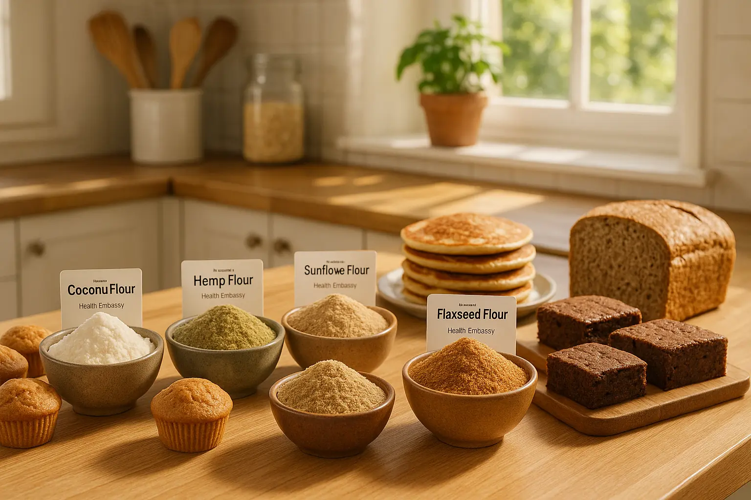 Glass bowls of coconut, hemp, sunflower, and coconut flour by Health Embassy, surrounded by muffins, breads, and pancakes made while baking with natural flours.