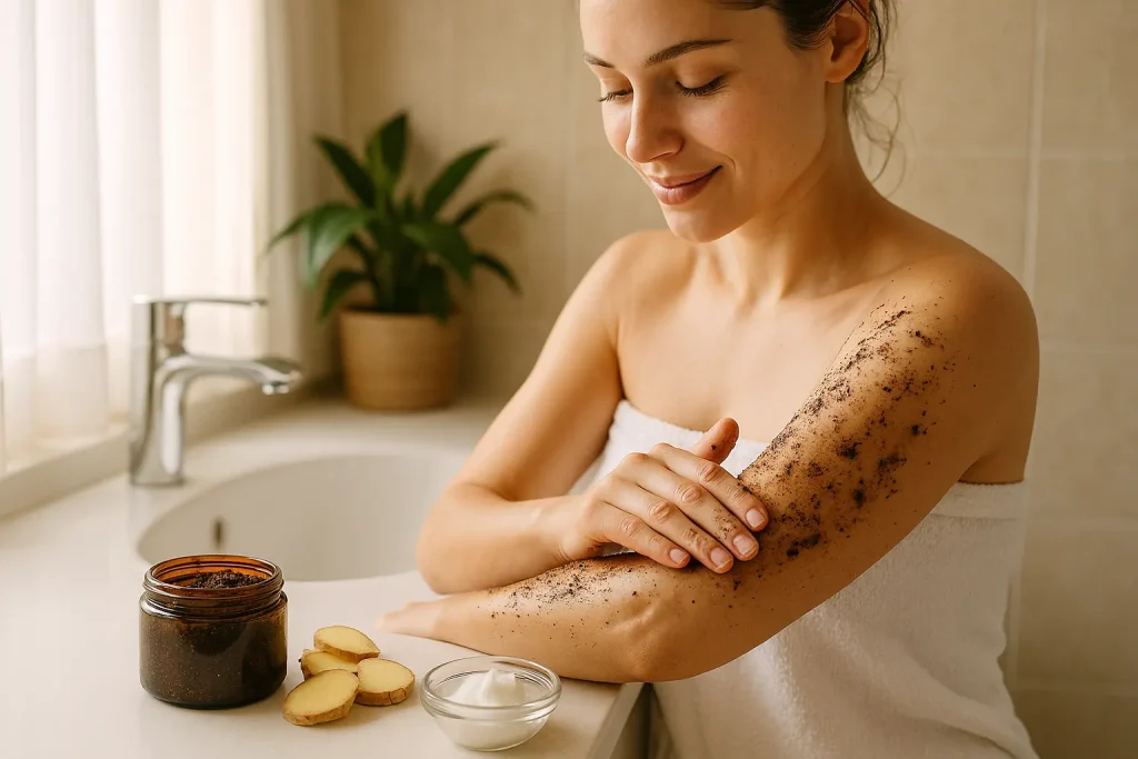 A woman enjoying the rejuvenating experience of using the Coconut Coffee Scrub with Ginger from Health Embassy during her shower routine.