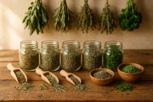 A guide to Using Dried Herbs in Cooking with Health Embassy's thyme, nettle, bladderwrack, and rose petals in glass jars.