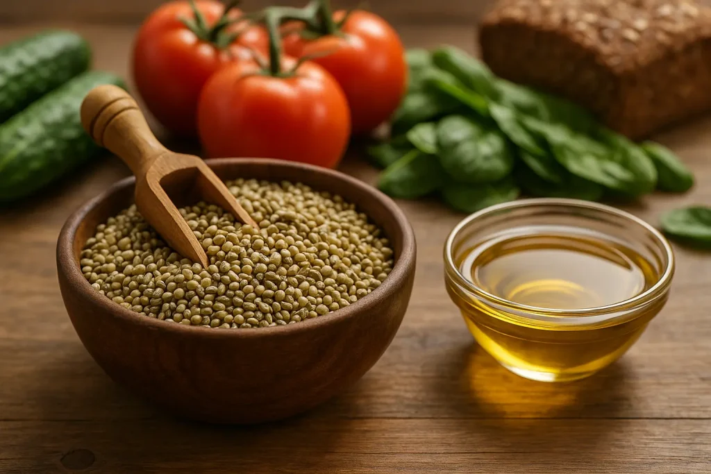 Health Embassy whole hemp seeds and hemp seed oil on a kitchen table with cutting board and utensils.
