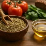 Health Embassy whole hemp seeds and hemp seed oil on a kitchen table with cutting board and utensils.