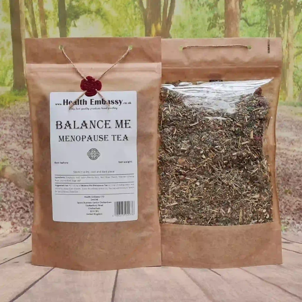 Balance Me Menopause Tea by Health Embassy in branded bag packaging.