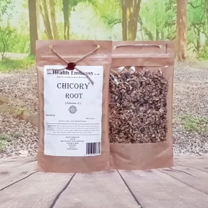 Organic Chicory Root herb in Health Embassy branded packaging, front and back views