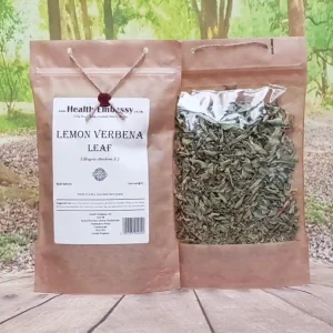 Organic Dried Lemon Verbena Leaf hand-packed in a brown paper bag on a wooden table with green background – Health Embassy