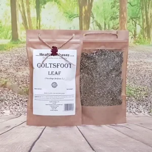 Dried Coltsfoot Leaf (Tussilago farfara) in a resealable kraft pouch from Health Embassy