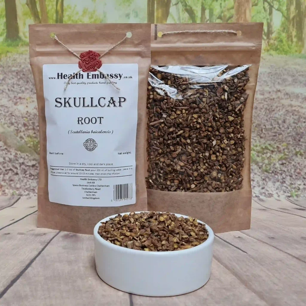 Dried Skullcap Root (Scutellaria baicalensis) by Health Embassy slices in a paper bag