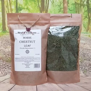 Dried Horse Chestnut Leaf from Health Embassy packed in paper bags on a wooden table top