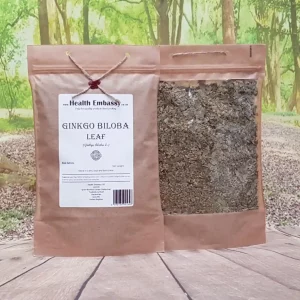 Health Embassy wild-collected cut Ginkgo Biloba leaf packed in a natural brown bag on wooden surface with green background