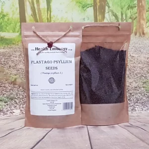 Organic Plantago Psyllium Seeds by Health Embassy in paper pouch on wooden surface with green natural background
