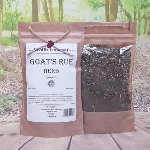 Dried goats rue herb in a brown paper bag with product information.