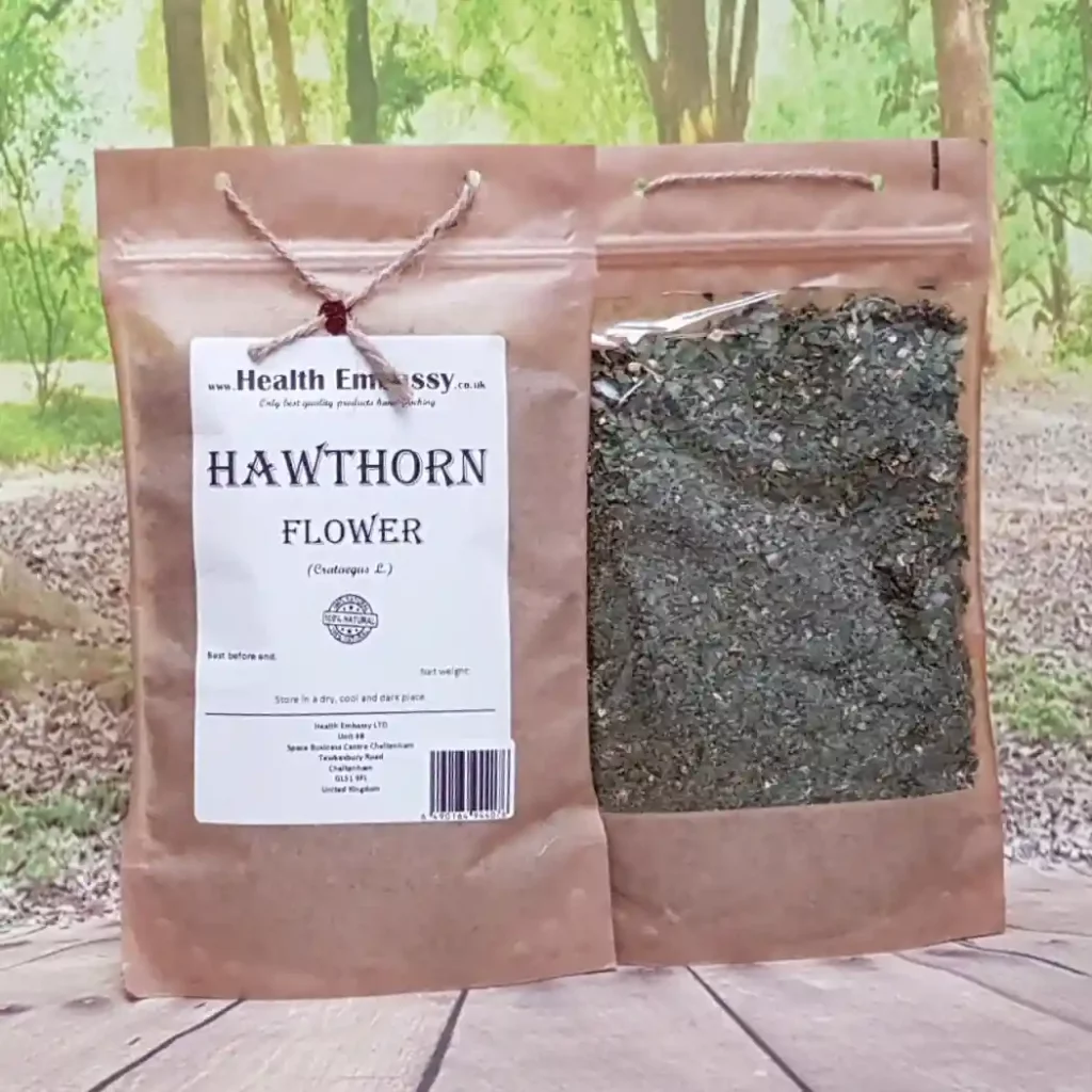 Loose dried Hawthorn Flower petals by Health Embassy in kraft pouch