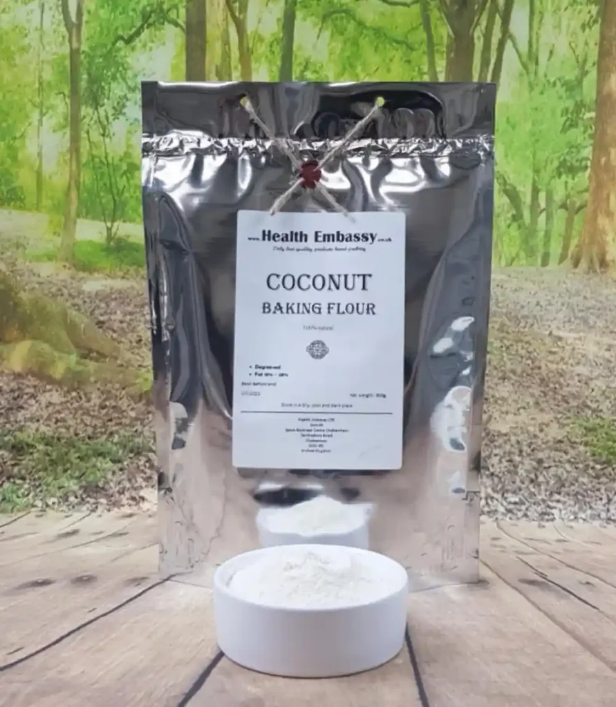 Health Embassy Coconut Baking Flour in resealable kraft pouch, gluten-free flour alternative