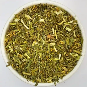 Health Embassy top view of white bowl filled with dried green and yellow Melilot herbs