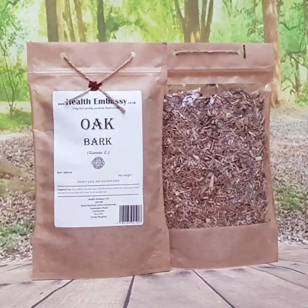 Health Embassy organic dried Oak Bark (Quercus L.) in brown herbal packaging