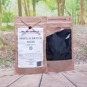 Organic Nigella Sativa seeds loose in a brown paper bag from Health Embassy, pure and GMO-free for culinary and herbal use.