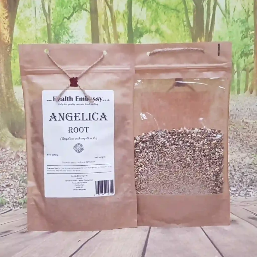 Angelica Root Health Embassy in bag packaging, dried herbal root.
