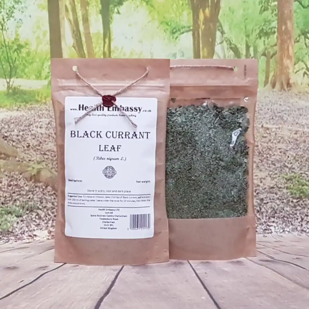 Health Embassy Black Currant Leaf product sealed in its branded packaging bag.