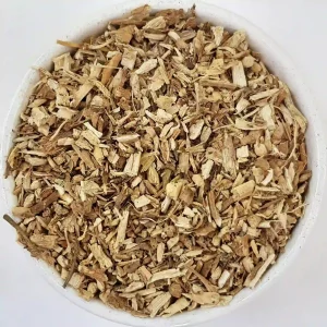Top view of white bowl filled with dried light brown Chicory Root pieces. Health Embassy herbs