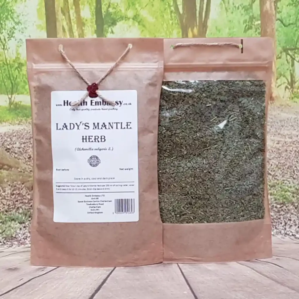 Brown paper bag filled with dried and cut Ladys Mantle Herb from Health Embassy