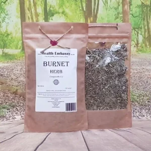 Burnet Herb in Health Embassy brown paper bag, dried herbal leaves