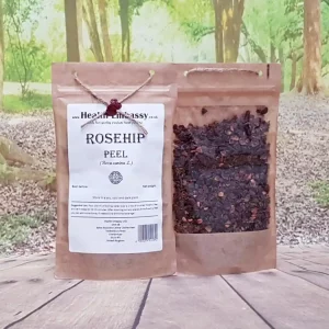 Organic dried Rosehip Peel loose herbal tea in a brown paper bag from Health Embassy