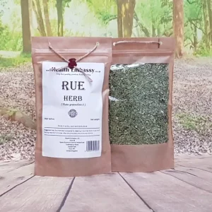 Organic dried Rue Herb Ruta graveolens in brown paper bag from Health Embassy, hand-packed and naturally dried