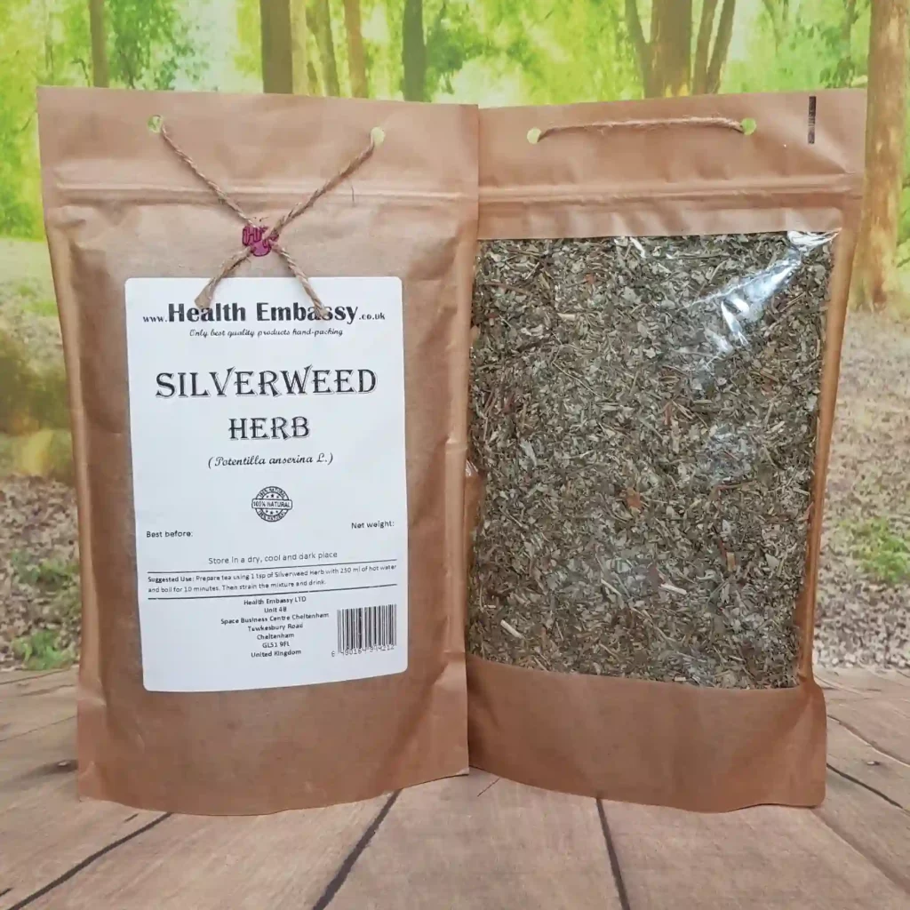Organic Silverweed Herb (Potentilla anserina) dried leaves by Health Embassy in a resealable brown paper bag displayed on a wooden surface