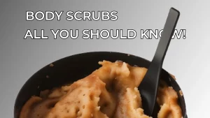 Bowl of natural body scrubs with wooden spoon, showing textured exfoliating ingredients