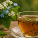 A glass cup of Health Embassy natural herbal teas surrounded by fresh dried herbs.