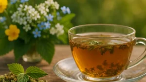 A glass cup of Health Embassy natural herbal teas surrounded by fresh dried herbs.