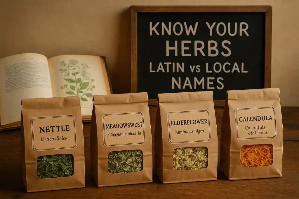 A variety of traditional UK herbs including Stinging Nettle, Meadowsweet, Elderflower, Hawthorn, Marshmallow, and others with their common herbal names and scientific names.
