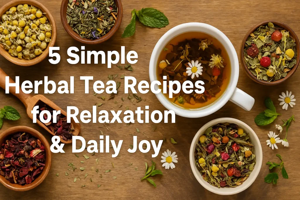 A cup of herbal tea made from raspberry leaf and chamomile, with loose dried herbs on a wooden surface