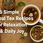 A cup of herbal tea made from raspberry leaf and chamomile, with loose dried herbs on a wooden surface