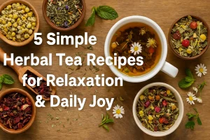 A cup of herbal tea made from raspberry leaf and chamomile, with loose dried herbs on a wooden surface