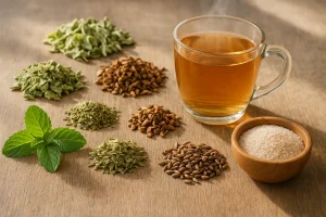 Health Embassy herbal products for gut health and digestion including Peppermint Leaf, Artichoke Herb, Chicory Root, Dandelion Root, Plantago Ovata Husk, and Milk Thistle Seed