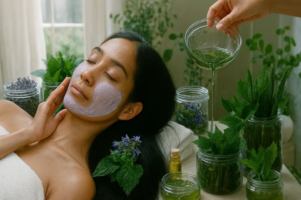 Woman practicing Herbal Beauty with Health Embassy herbs at home