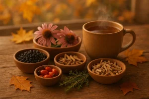 Autumn scene with elderberries, echinacea, thyme, licorice root, rosehip, and a steaming cup of herbal tea for natural immune support – Health Embassy
