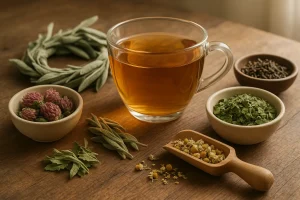 A guide to natural menopause symptom relief with Health Embassy herbs and tea, featuring dried Red Clover, Sage, and a cup of Balance Me Menopause Tea.