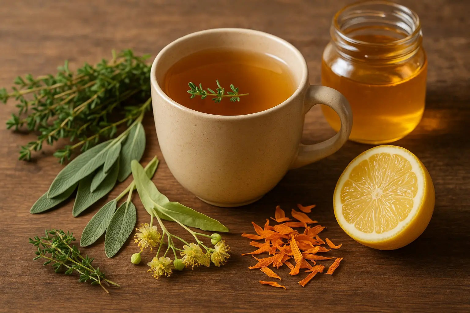 Warm cup of herbal tea with thyme, sage, linden, calendula, honey, and lemon on a rustic wooden table for natural relief for sore throat.