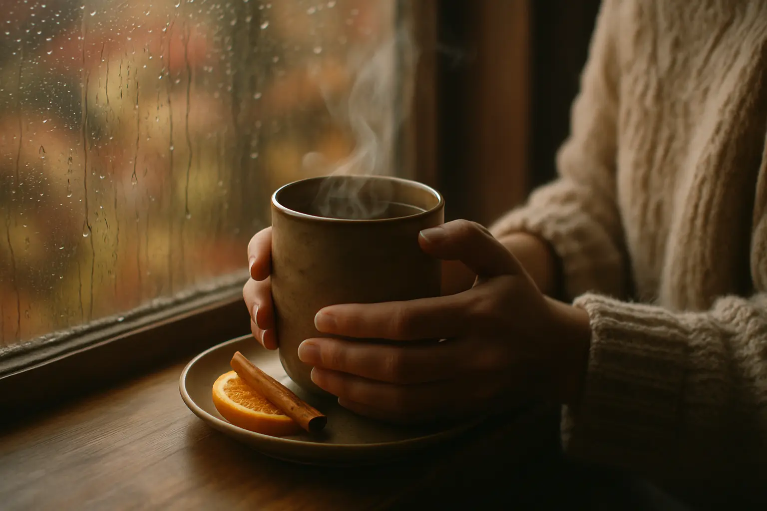 A woman's hands holding a rustic ceramic mug of steaming Cozy Autumn Tea Health Embassy by a rainy window on an autumn day, with cinnamon and orange slice on a saucer.
