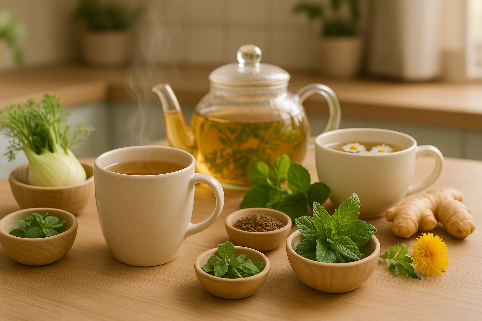 Herbal teas and fresh herbs like fennel, ginger, peppermint, chamomile, and lemon balm on a cozy kitchen counter for Natural Remedies for Bloating Health Embassy.