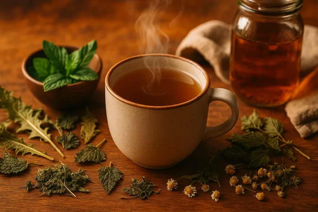 Herbal Detox tea with dandelion, nettle, and chamomile in a cozy autumn setting by Health Embassy
