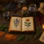 Flat lay of dried herbs, candles, and spell book for herbal witchcraft rituals by Health Embassy.