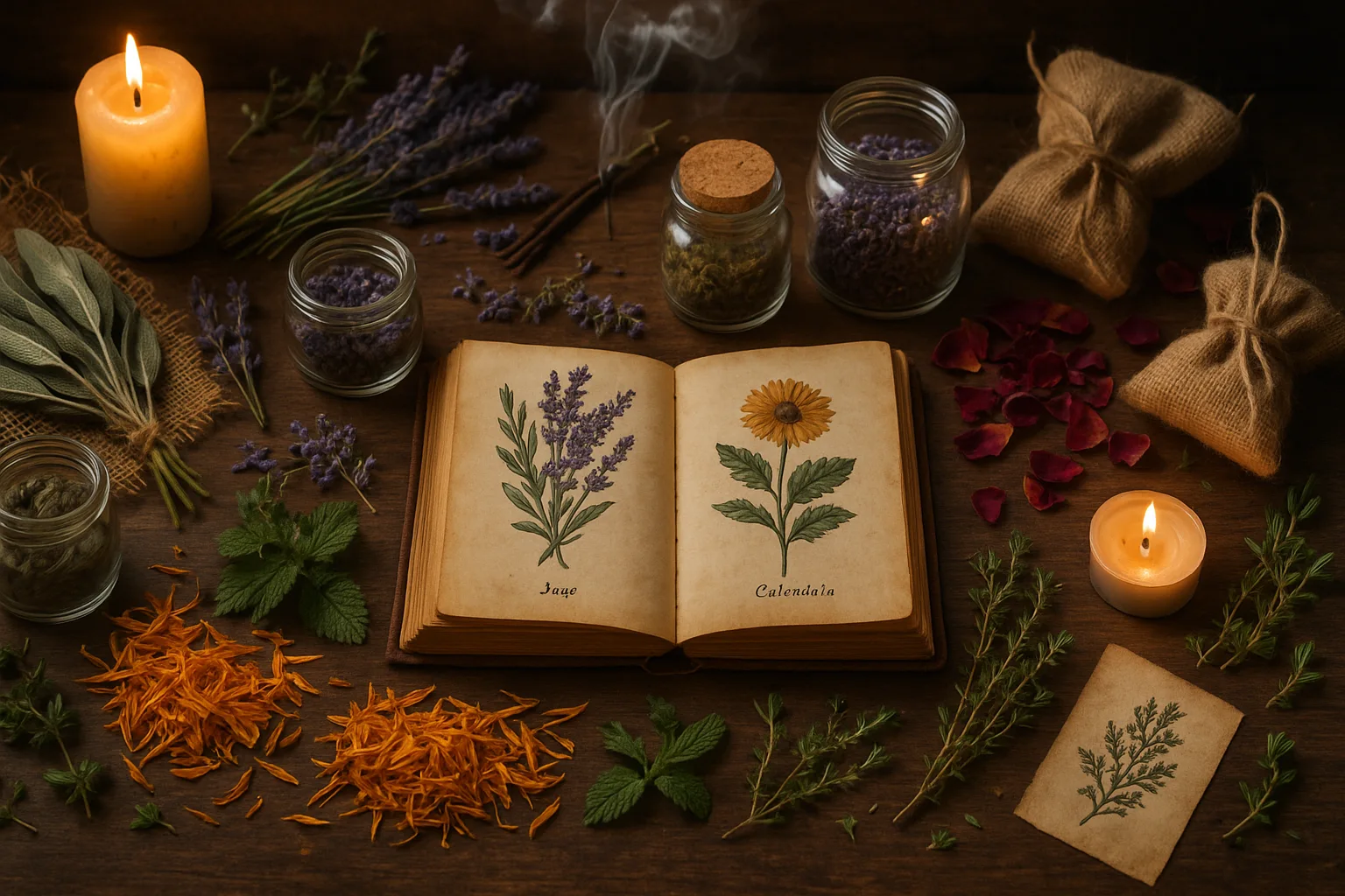 Flat lay of dried herbs, candles, and spell book for herbal witchcraft rituals by Health Embassy.