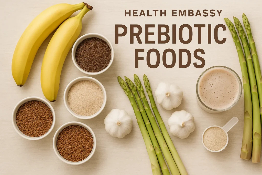 Health Embassy natural prebiotics including Plantago Psyllium Seeds, Plantago Ovata Seeds, Ovata Husk, Organic Prebiotic Fiber mix, and Brown Flaxseed with smoothie and baked goods