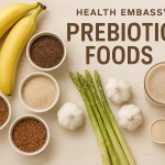 Health Embassy natural prebiotics including Plantago Psyllium Seeds, Plantago Ovata Seeds, Ovata Husk, Organic Prebiotic Fiber mix, and Brown Flaxseed with smoothie and baked goods