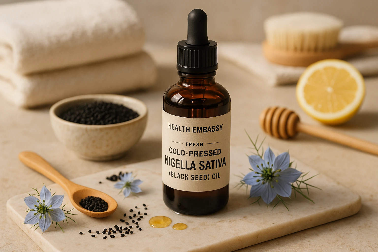 Fresh Cold-Pressed Nigella Sativa Oil by Health Embassy with culinary and cosmetic uses